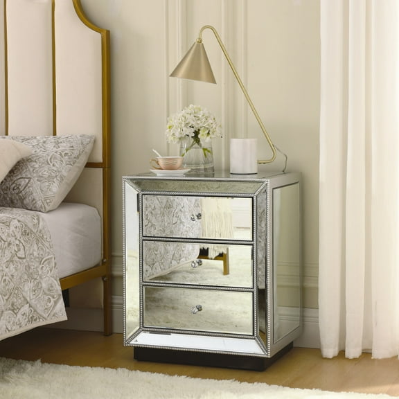Flash Silver Mirror Bedside Table with 3 Drawers Luxury Nightstand with Crystal Handles W 22"X 16 ' X 26.8"