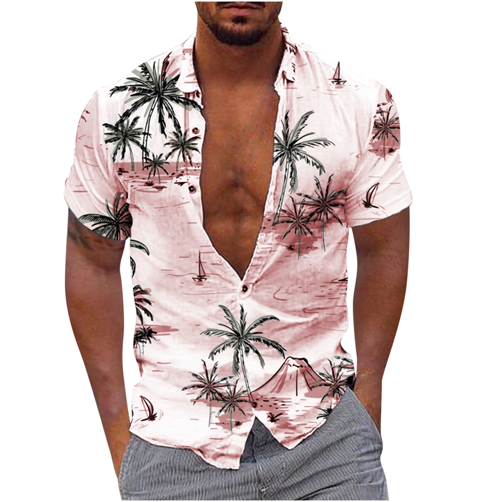 Homadles Hawaiian Shirt for Men- Fashion Casual Buttons Hawaii Printeding  Turndown Short Sleeve Shirt Blouse Hot Pink M