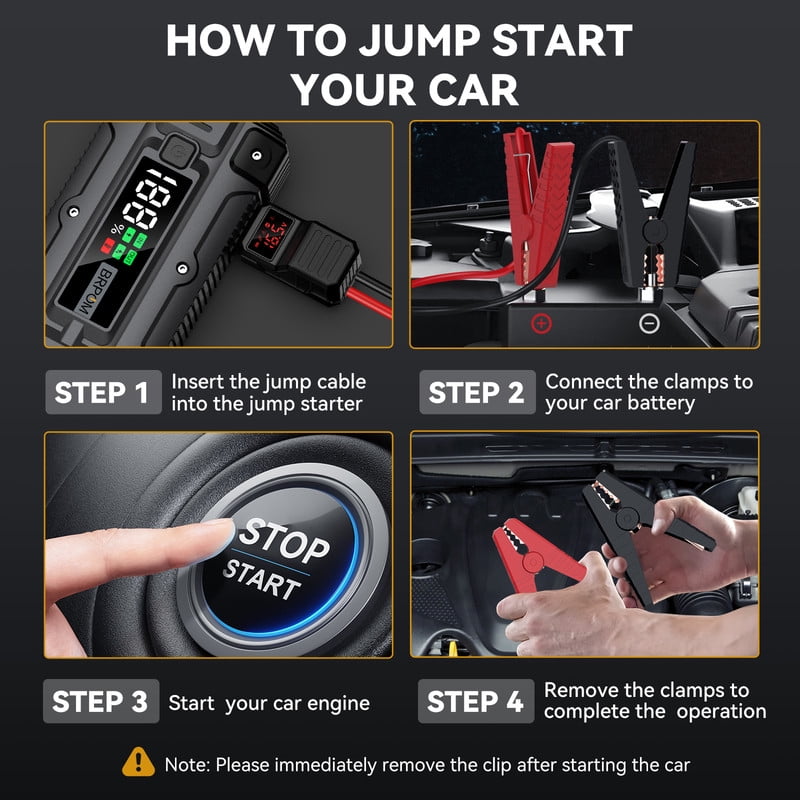 BRPOM Car Jump Starter 6000A Peak 12V Battery Jumper Starter Portable (All Gas/10.0L Diesel Engine), Car Battery Booster Jump Box with Smart Jumper Cables, LCD Display & 4-Mode LED Light
