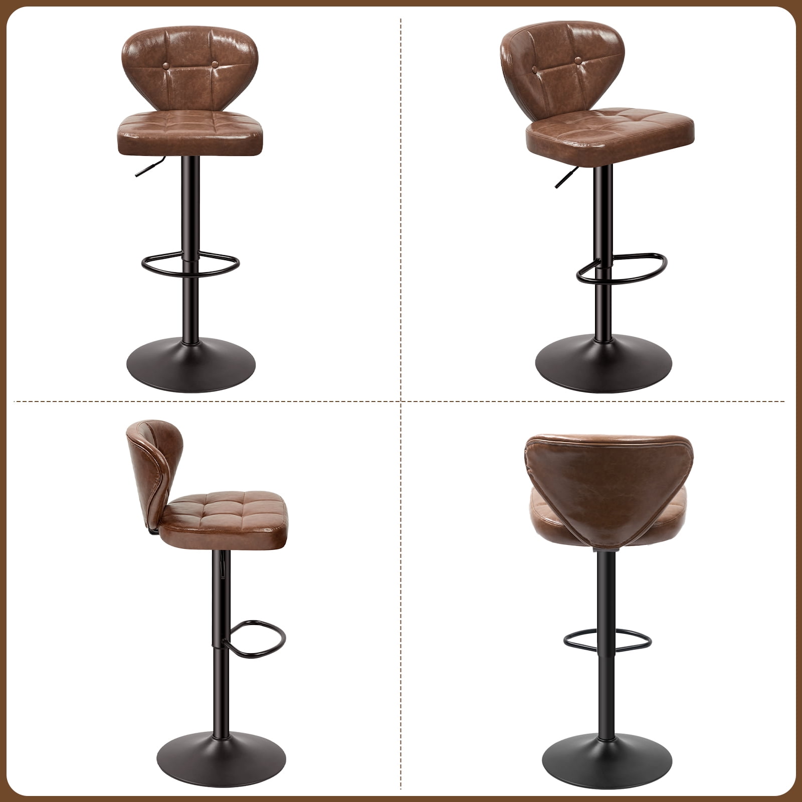 Hawsaiy Vintage Style Leather Bar Stool Set of 2 with Button-Tufted Design,Brown