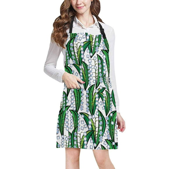 HATIART Funny Lily of The Valley Seamless Pattern Adjustable Bib Apron with Pockets Commercial Restaurant and Home Kitchen Adjustable Apron