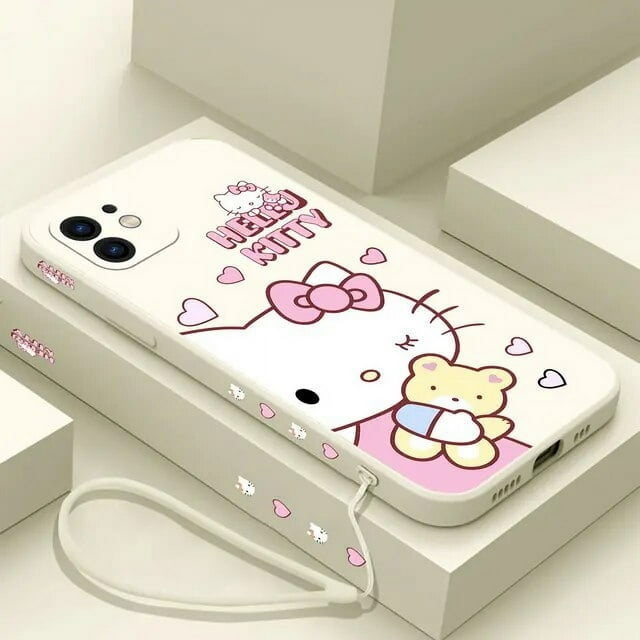 Funny Sanrio Hello Kitty Phone Case For iPhone 15 14 13 12 11 Pro Max Mini X XR XS MAX SE20 8 7 Plus Silicone with Hand Strap