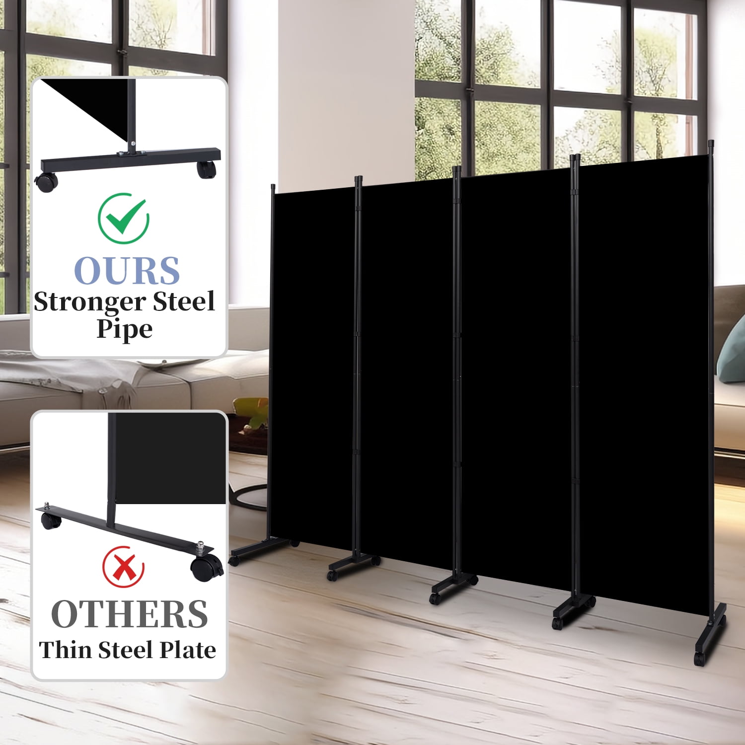 YASRKML 6FT 4 Panel Rolling Room Divider, Self-lockable Room Dividers and Folding Privacy Screens with Wheels, Partition Privacy Screens , Portable Wall Divider for Room Separation, Black