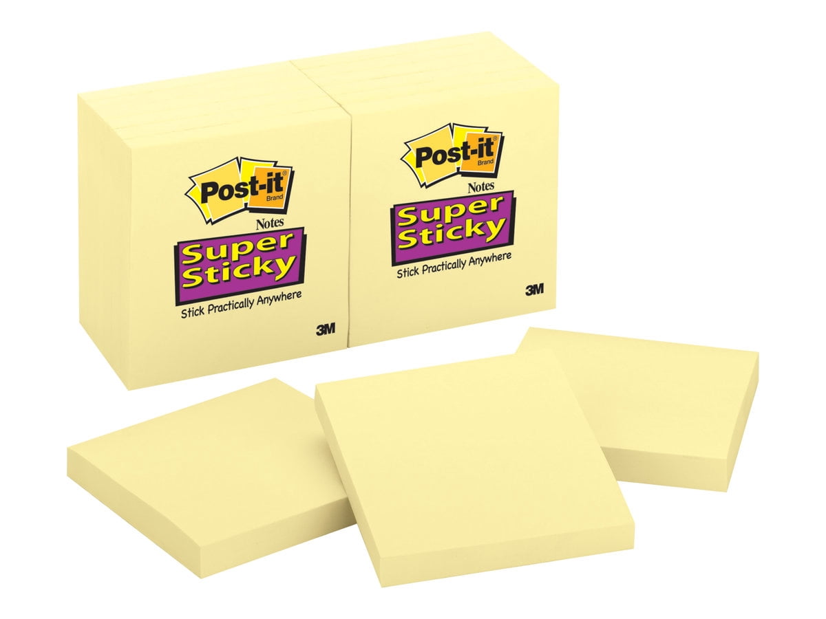 Post-it Super Sticky Notes 654-12SSCY, 3 in x 3 in (76 mm x 76 mm) Canary Yellow, 12 pk, 90 sh per pad