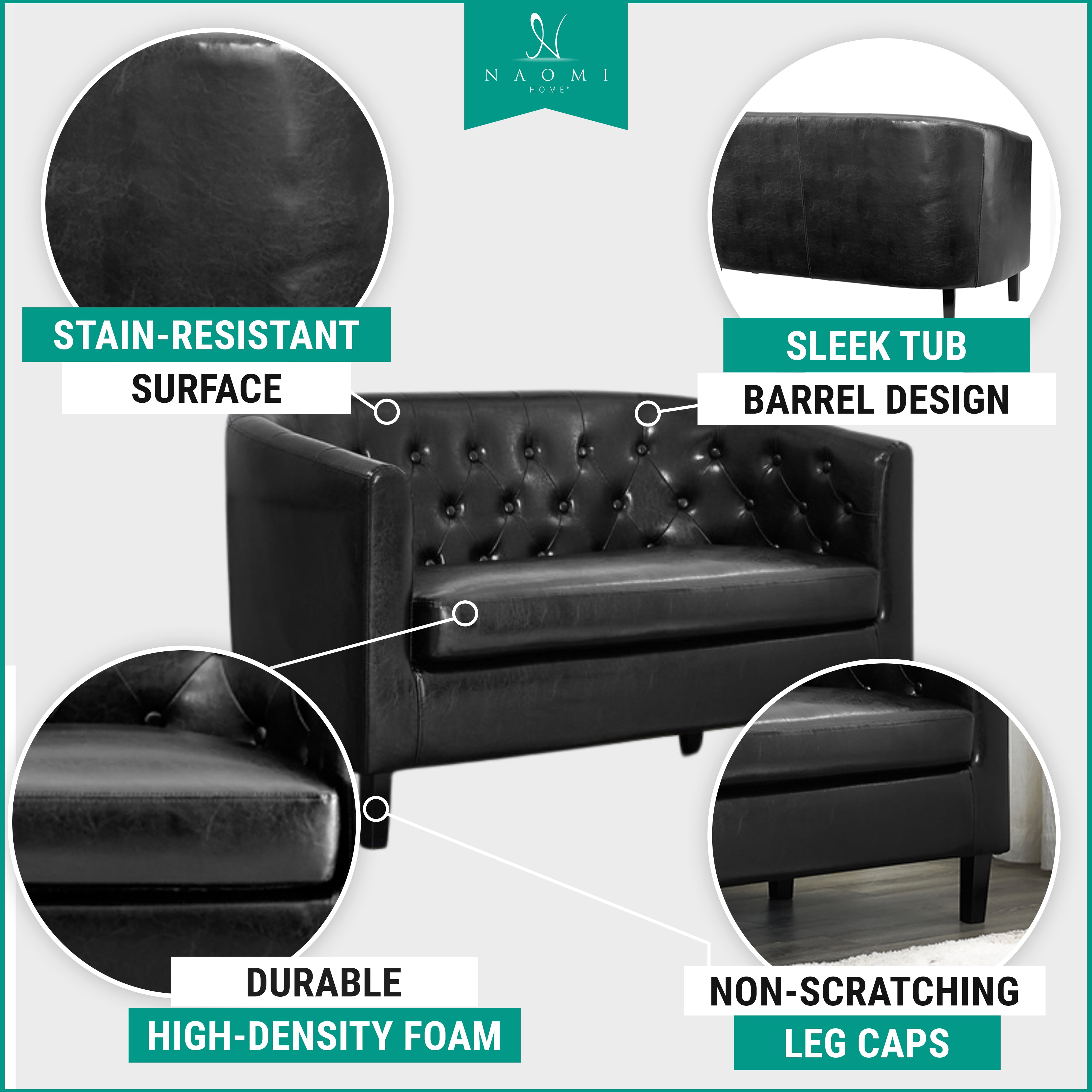 Naomi Home, Emma, Button Tufted Faux Leather Barrel Loveseat, Mid-Century Modern 2-Seater Couch – Black