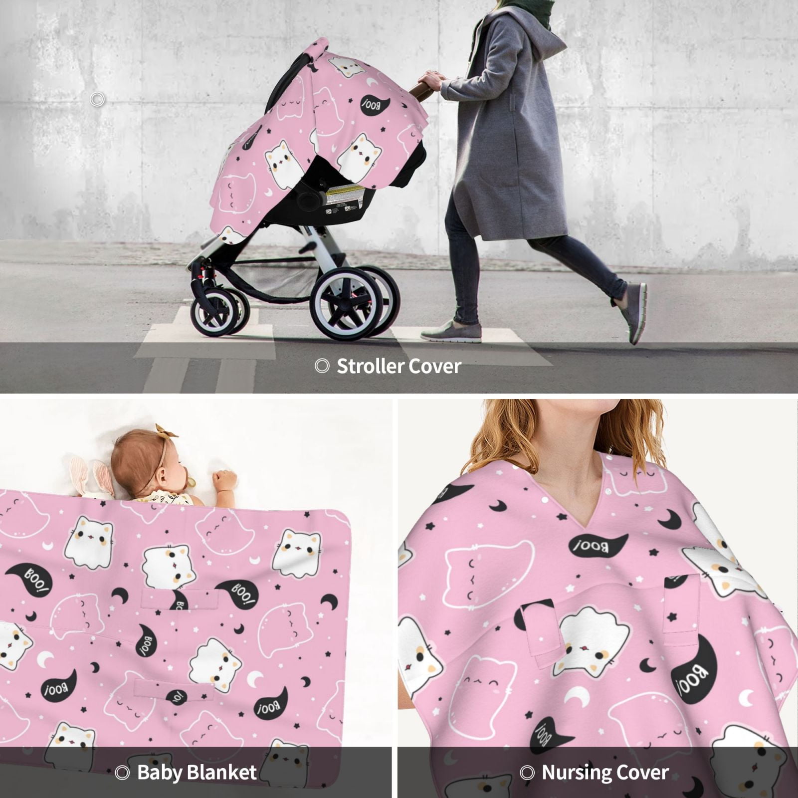 Car Seat Cover Baby - kawaii_kitten_ghosts_pattern Breathable Infant Car Seat Cover for Baby Carseat, Lightweight Comfort Baby Essentials Must Haves Newborn Stuff for Girl Boy