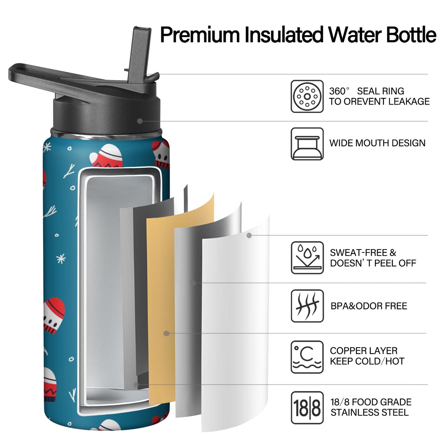 Christmas 18 oz Insulated Stainless Steel Water Bottle with Straw & Cleaning Brush , Leakproof, BPA-Free, 304 Stainless Steel, Wide Mouth, Travel Mug for Car, Gym, Office