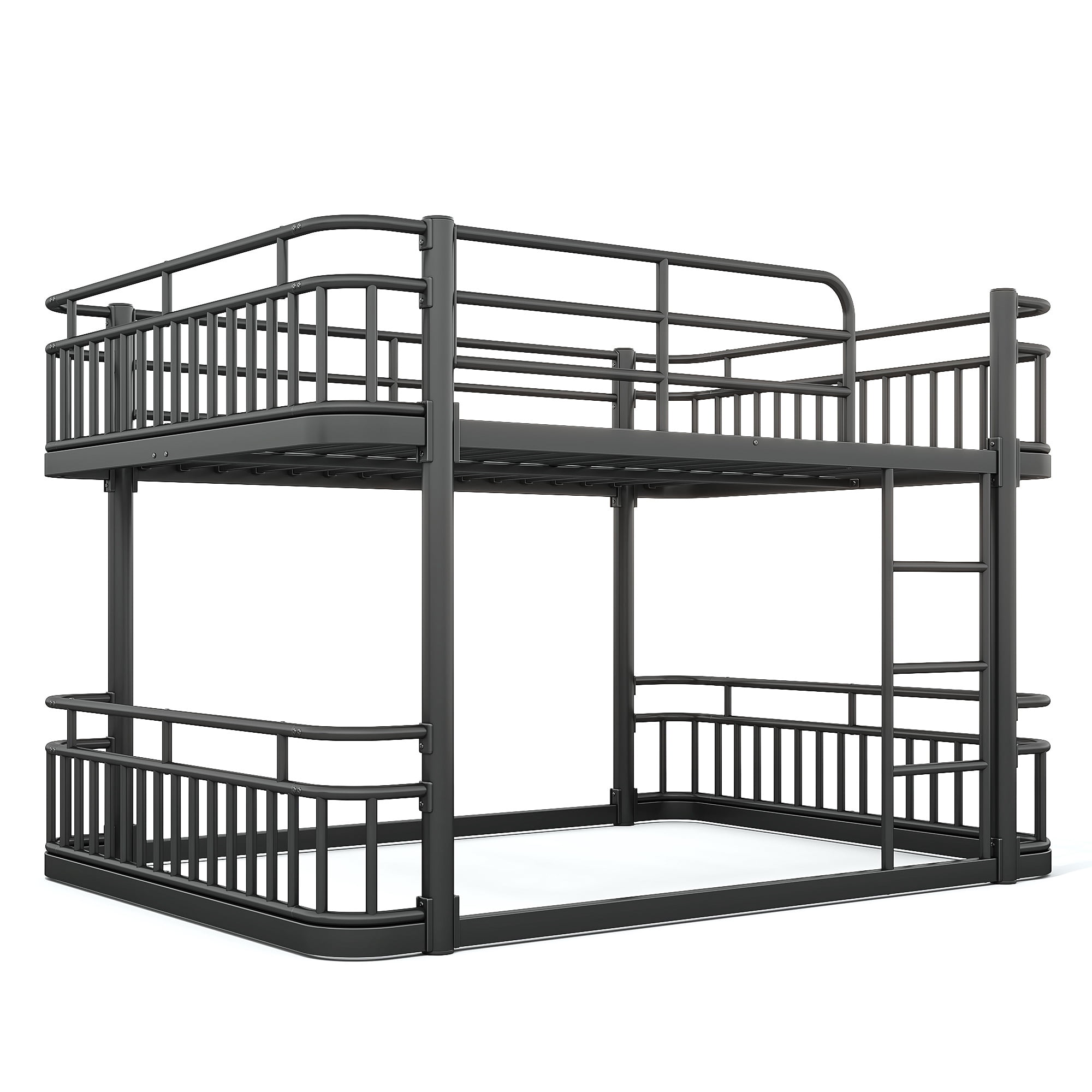Queen Over Queen Bunk Bed 81.5 Inch, Metal Bed Frame with Ladder and Guardrails for Kids Teens Adults, Sturdy Round Pipe Construction, No Box Spring Needed, Black
