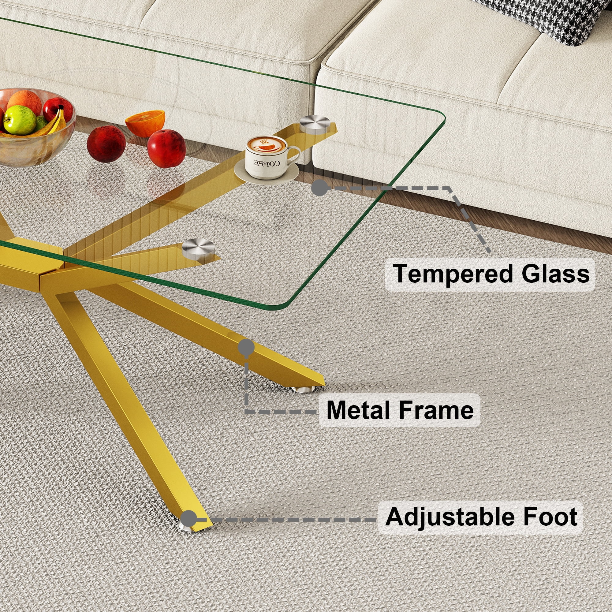 Euroco 39.37" Rectangular Clear Tempered Glass Coffee Table,Stylish Design with Gold Metal Legs, Coffee Table for Living Room