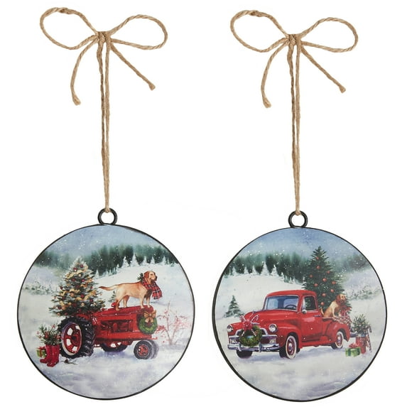 Raz Imports 2020 6-Inch Truck And Tractor Disc Ornament, Assortment of 2