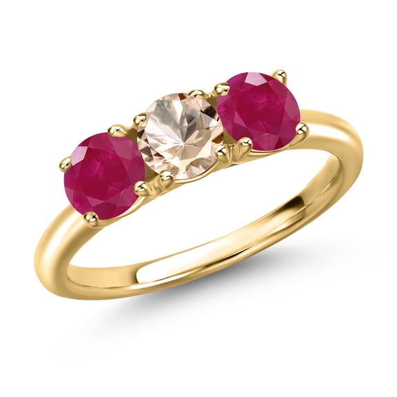 Gem Stone King 18K Yellow Gold Plated Silver Peach Morganite and Red Ruby Engagement Ring for Women | 1.50 Cttw | Round 5MM | Gemstone October Birthstone | Size 8