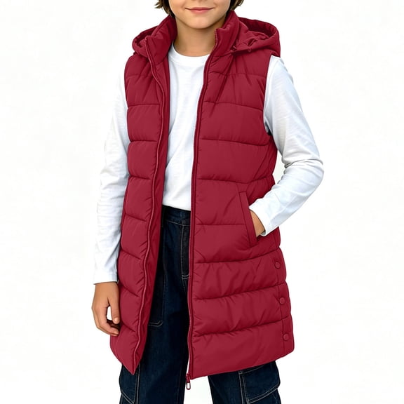 Jalioing Puffer Vest for Kids Lightweight Sleeveless Zip Up Hooded Long Jacket Casual Thermal Winter Outerwear with Pocket