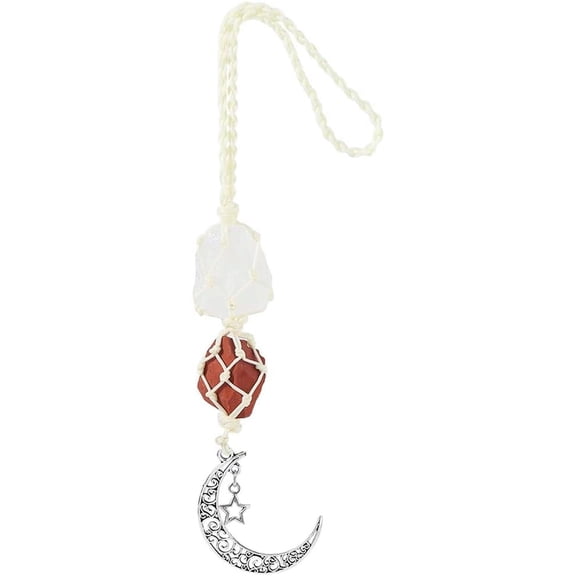 Moon Star Car Hanging Decor Natural Gemstone Quartz Red Jasper Car Charms Dangling Pendant Rearview Mirror Decorations Car Accessories for Rear View Ornament Home Wall Door Decor Silver