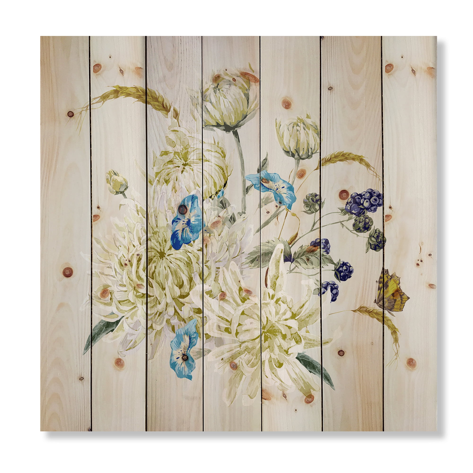 Designart 'Ancient Chrysanthemums With Bouquet II' Traditional Print on Natural Pine Wood