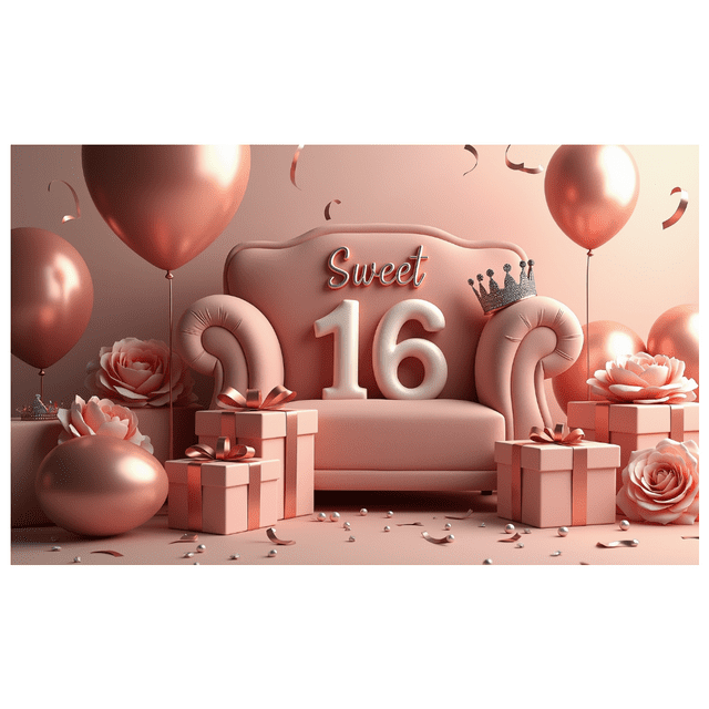 Sweet 16 Themed Backdrop Banner with Crown Element Party Decorations for Birthday Party Photography Props Photo Booth Background Celebrations