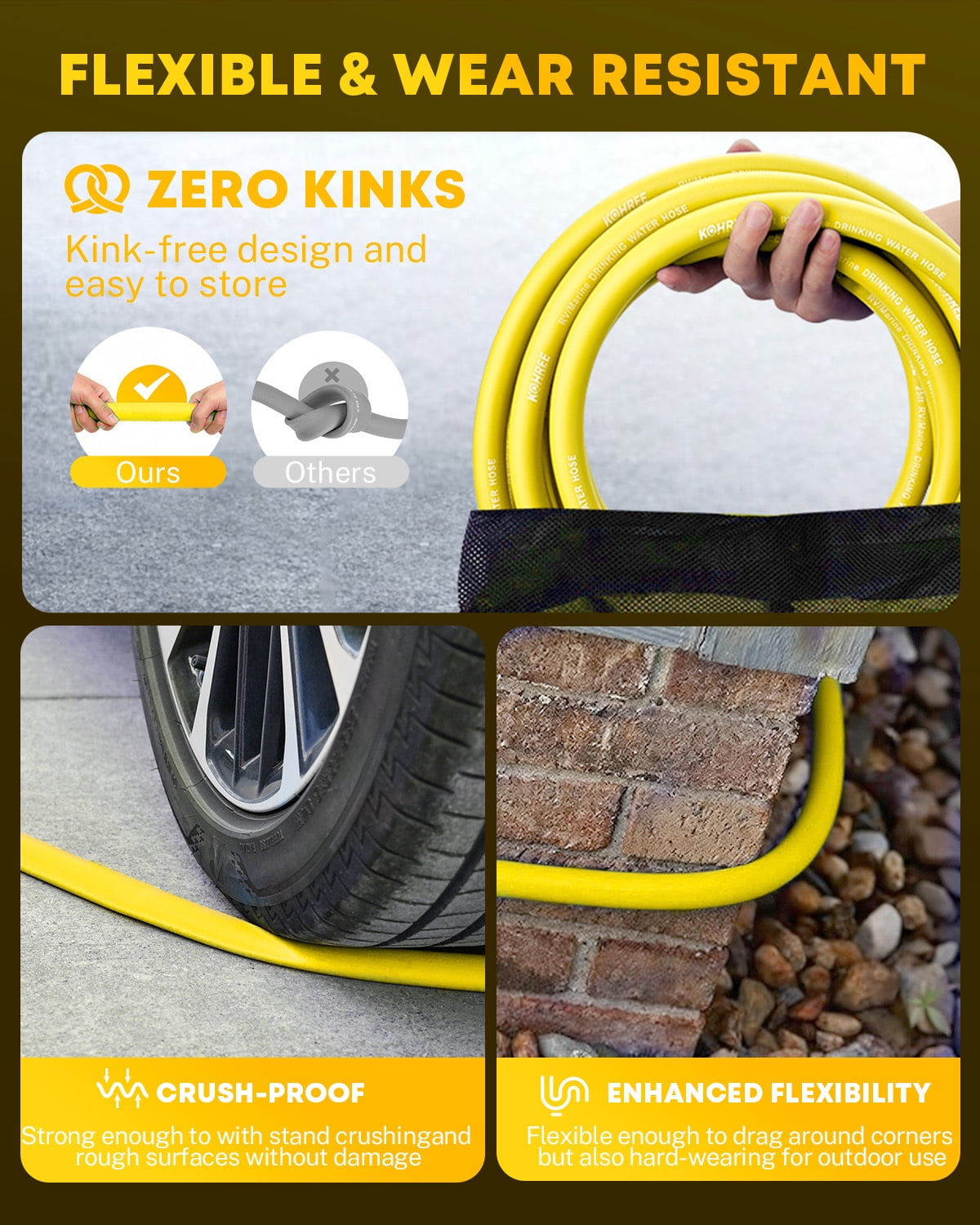 Kohree 12FT RV Water Hose – NSF Certified 5/8" Premium Drinking Water Hose, Safe & Lead-Free, No Kink and Flexible Garden Hose with Storage Bag for RV, Camper, Truck, Car, Yellow