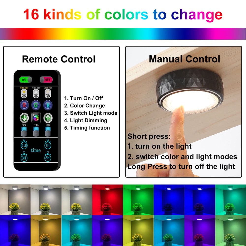 OUSITAID LED Puck Lights Battery Operated LED Under Cabinet Lighting Wireless Stick on Tap Lights with Remote Controll Color Changing Timer Function for Cabinets  Shelves  Closets - 6Pack