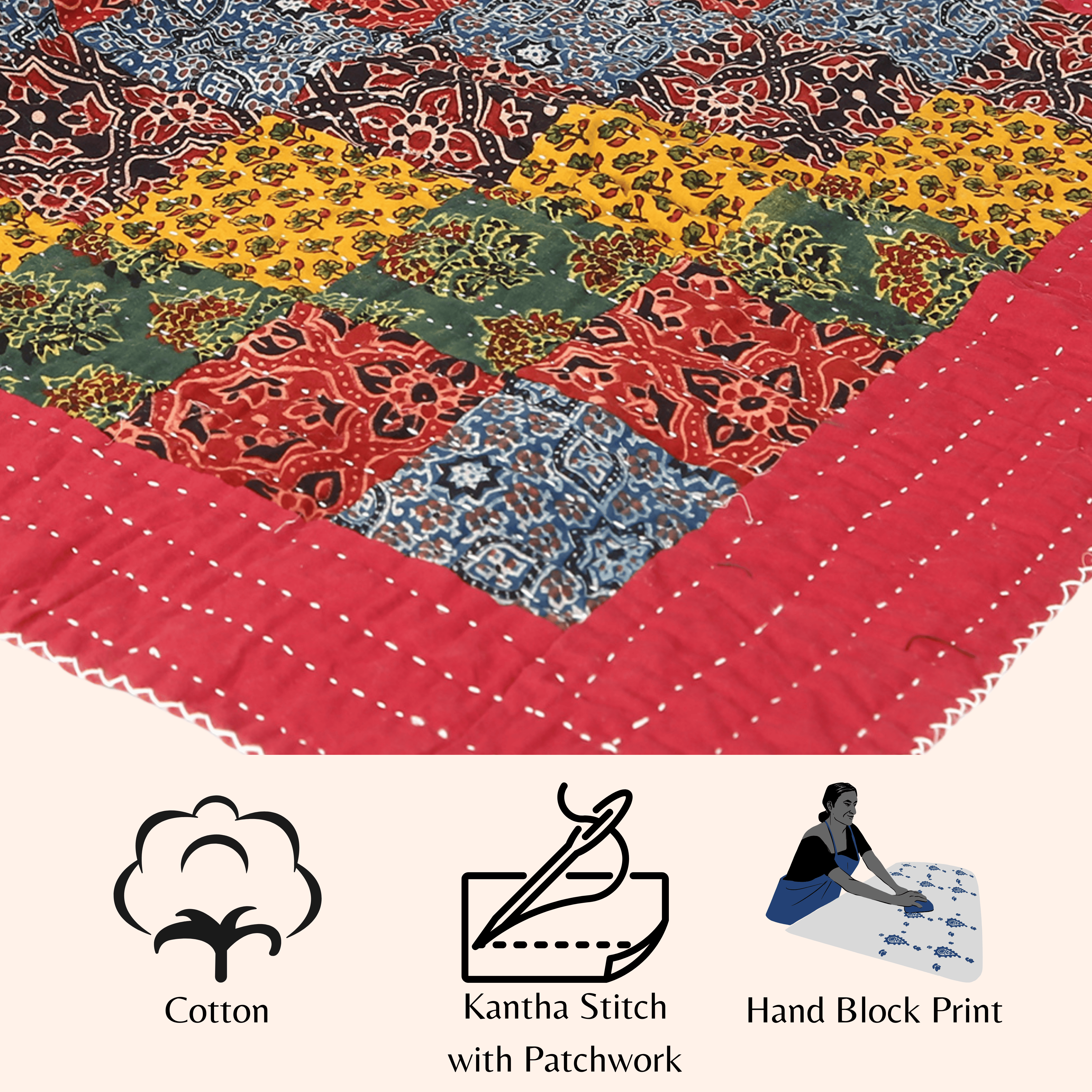 Vivanta Yoga Mat 72x24 inch Cotton Patchwork Block Print, Non Slip for Exercise Meditation, Includes Carry Bag