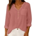 thumbnail image 2 of Chaoheng Summer Tops for Women Women's V-Neck Button Placket Top Linen Blend Short Sleeve Tee, 2 of 9