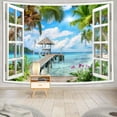 thumbnail image 2 of Ocean Beach Tapestry, Summer Blue Sea Window Tapestry Wall Hanging for Bedroom Aesthetic, Nature Beachy Palm Tree Landscape Tapestries Poster Blanket College Dorm Home Decor 90X70 Inches, 2 of 4