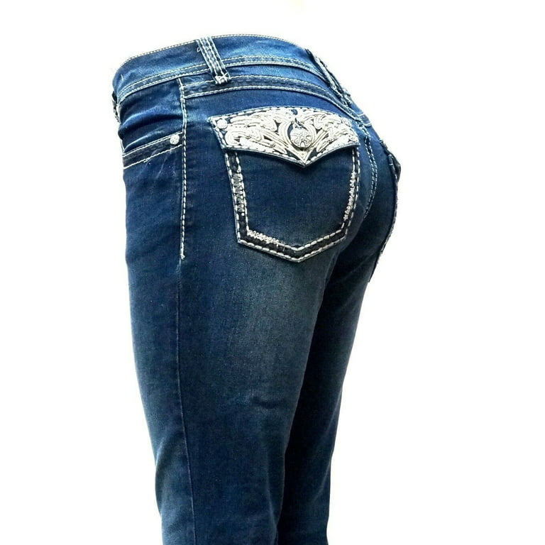 Jack David Rhinestone Studs Dark Wash Denim Flap Pocket Bootcut Jeans