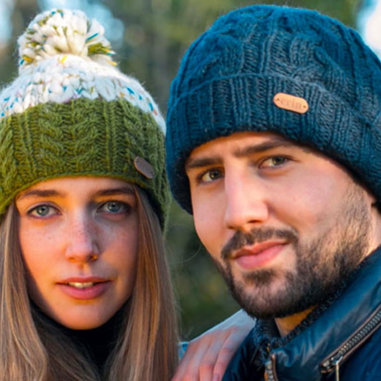 Erin Knitwear Cable Knit Flecked Wool Bobble Hat, Green, One  display picture 1