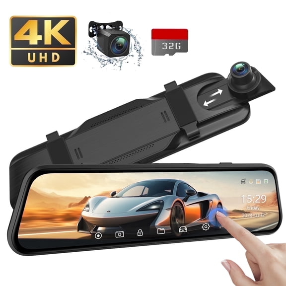 4K UHD Dual Dash Cam Front and Rear, 10"Touch Screen Mirror Camera, Night Vision, Voice Control, G-Sensor, 32GB SD Included