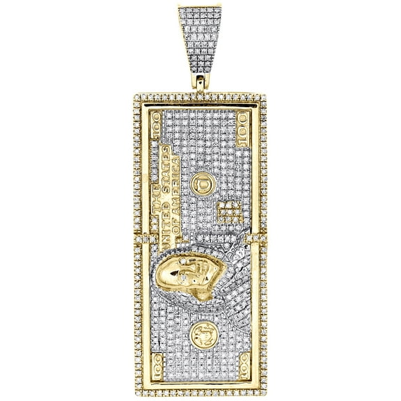 10K Yellow Gold Diamond $100 One Hundred Dollar Bill Pendant 2.15" Charm 0.95 CT