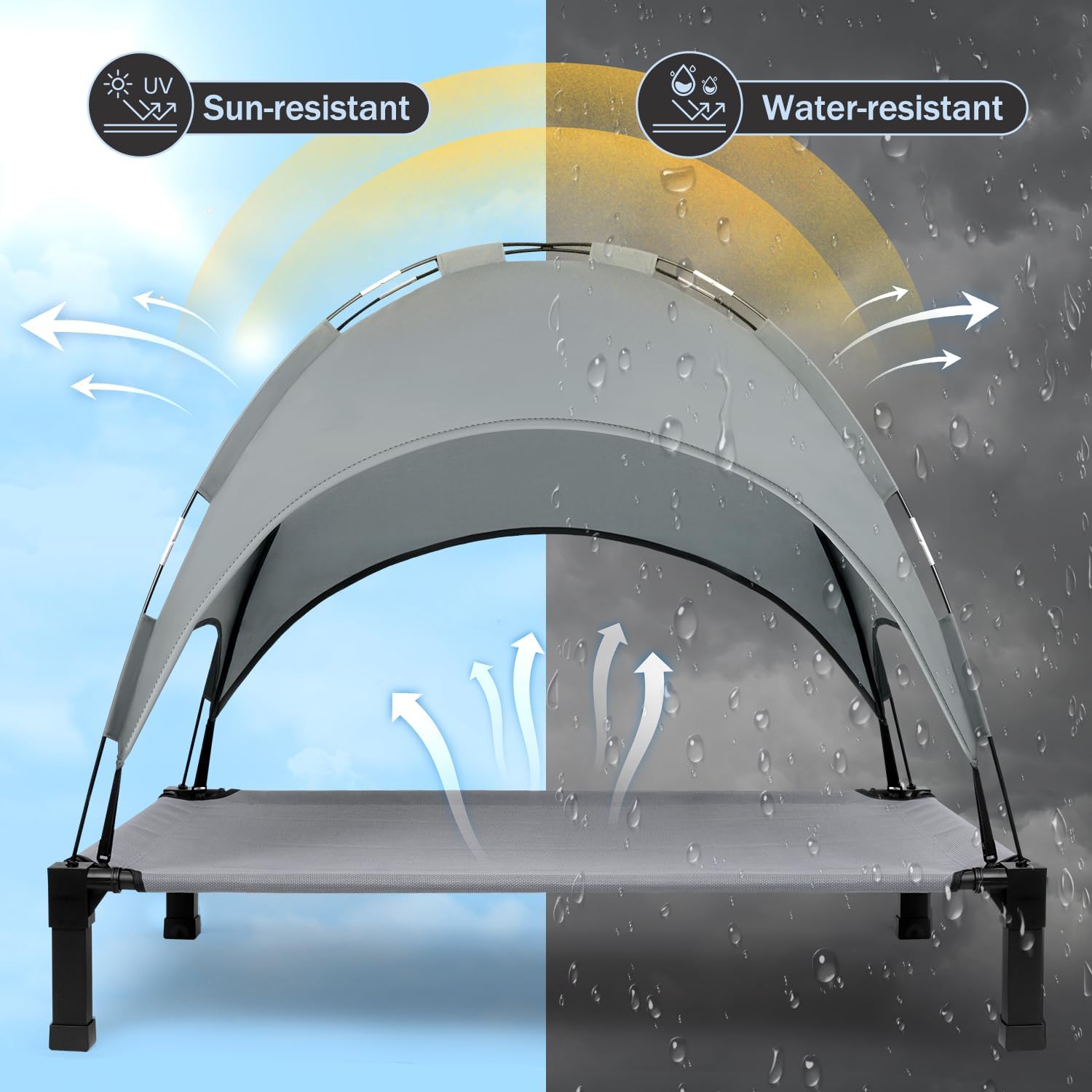 Elevated Dog Bed with Canopy, Outdoor Dog Bed Cot with Removable Shade Tent, Portable Raised Pet Cot Cooling Bed for Dogs and Cats, Grey, 51" x 36"