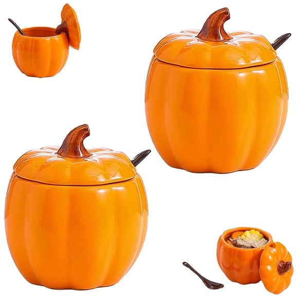 Pumpkin Dutch Oven Ceramic Casserole Pot with Lid, Cute Gourd Shaped Stockpot for Halloween Thanksgiving Decor, Porcelain Serving Bowl with Handles, Mini Dessert Saucepan, Autumn Harvest Kitchen Gift