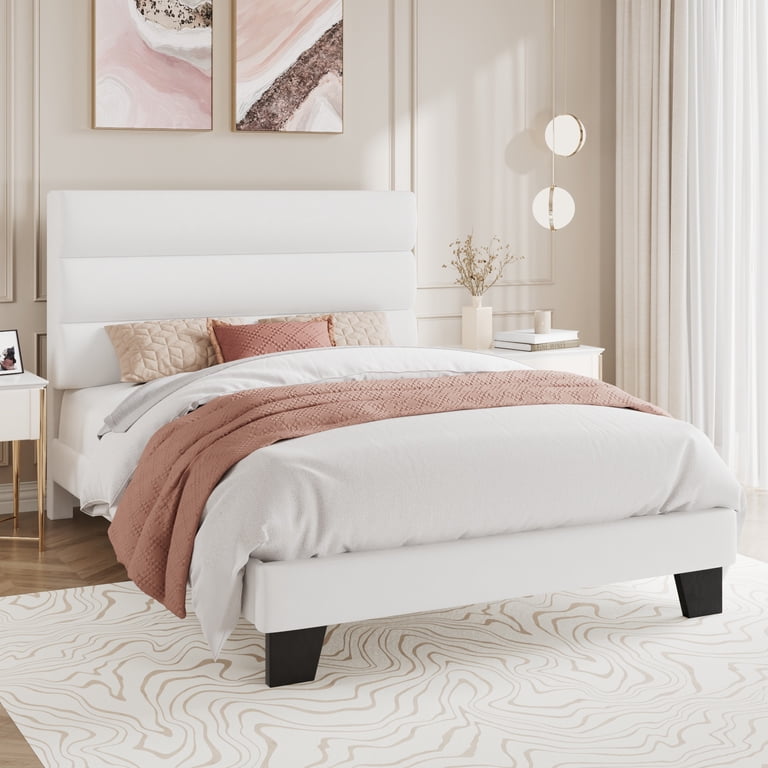 Amolife Twin Platform Bed, White Velvet Headboard photo 2