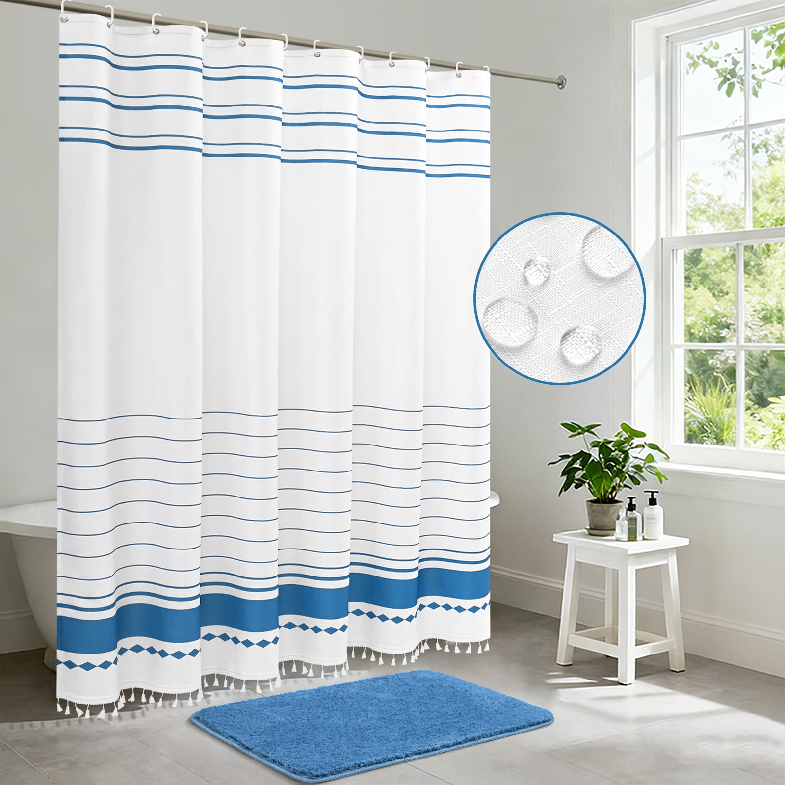 FRAMICS Tassel Shower Curtain Sets with Bath Rug, Boho Striped Farmhouse Bathroom Sets with Hooks, Heavy-Duty Fabric, Water-Repellent and Washable, 72" x 72", Blue