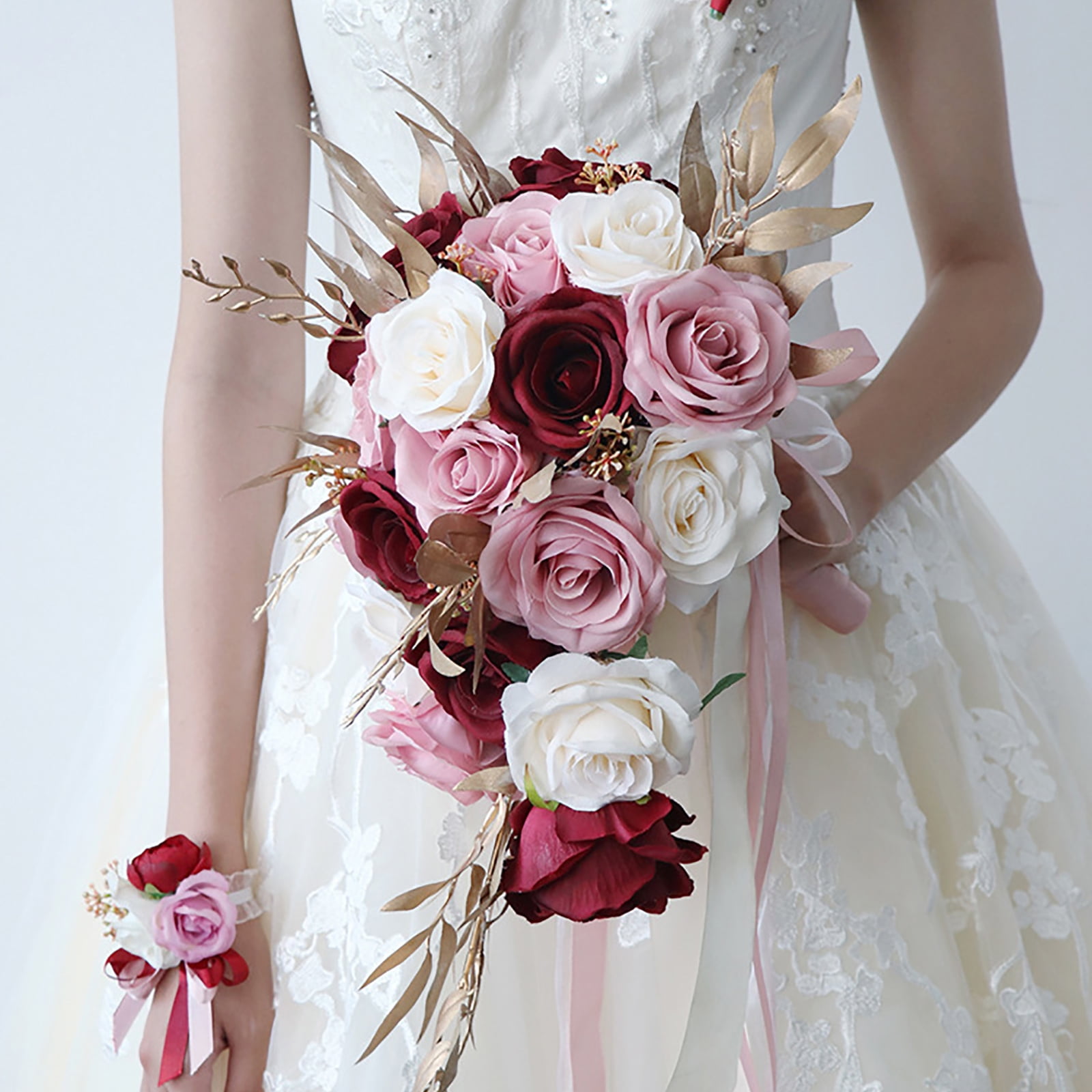 Sardfxul Wedding Cascading Bride Bouquet Waterfall Artificial Holding Flower with Ribbon