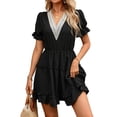 thumbnail image 2 of Blmnix Fit & Flare Women Dresses A Line Dresses Lace Dress Under Dress V-Neck Short Sleeve Mini Black Adjustable Cuff Womens Summer Dresses Casual,L, 2 of 7