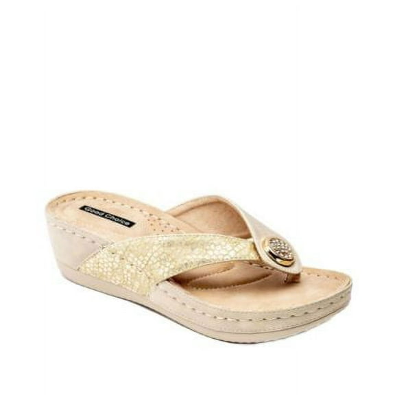 GOOD CHOICE Womens Khaki Beige Snake Embossed 1" Platform Metallic Rhinestone Cushioned Dafni Wedge Slip On Thong Sandals 7 M