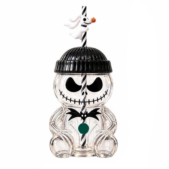 20OZ Christmas Horror Nightmare Night Glass Cup with Straw, Nightmare Jack Clear Tumbler with Beanie Hat Lid and Scarf, Cute Novelty Drinkware, Christmas Jack Clear Glass Cup Collectibles Gifts - 1PC