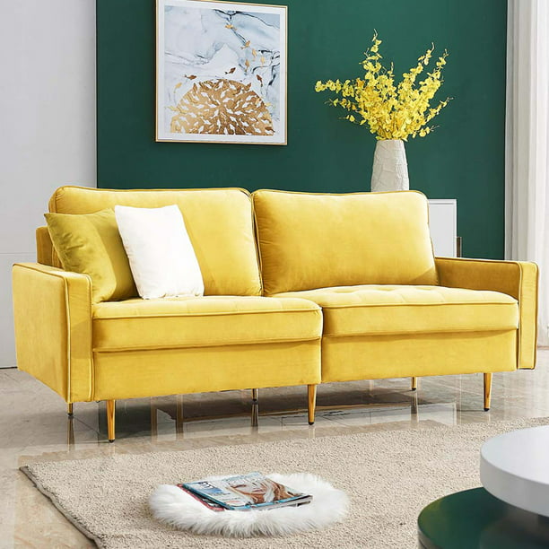 Mid Century Modern Couch High End Velvet Fabric Contemporary Sofa Sets With Metal Legs Sectional Bedroom Furniture 2 Soft Pillow Loveseat For Small Spaces Yellow Q9271 Com - Sofa And Loveseat Sets For Small Spaces