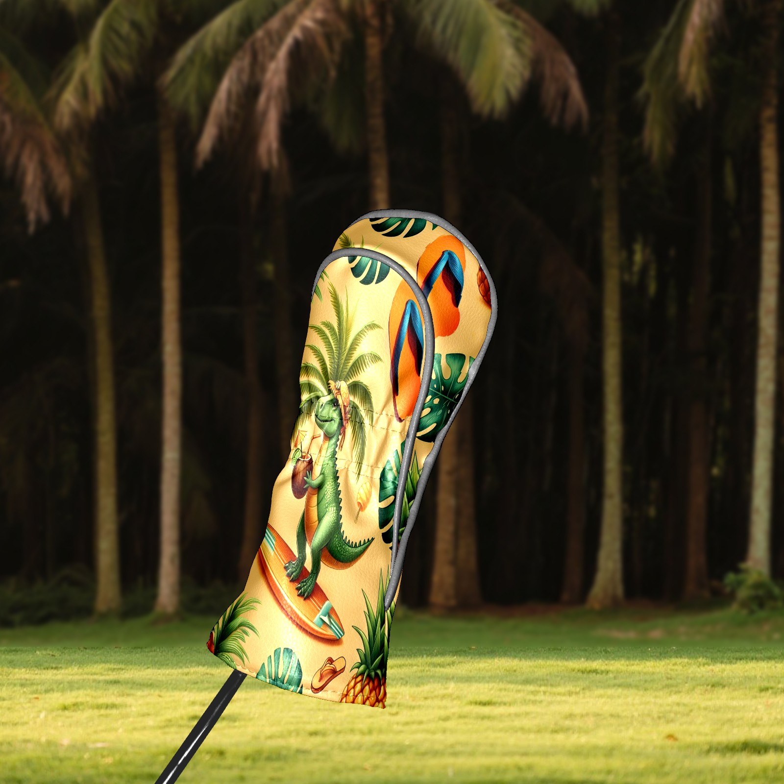 Golf Club Covers, Yellow Dino Surf Premium PU Leather Driver Hybrid Putter Head Covers with Velvet Lining, Waterproof Golf Gifts for Men Women