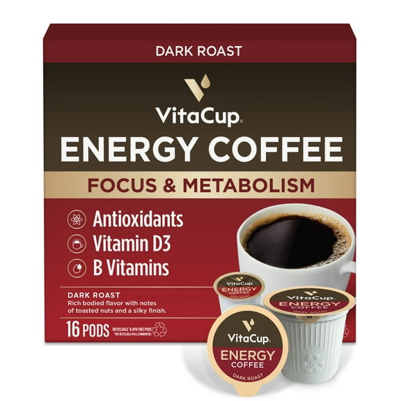 VitaCup Dark Roast Coffee Pods B Vitamins Compatible w/ K-Cup Brewers, 16 Ct