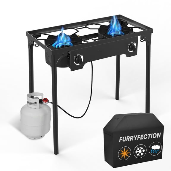 2 Burner Propane Camp Stove,150,000 BTU with 0-20 PSI Regulator,Equipped Waterproof Cover & Detachable Legs for Camping Backyard Outdoor Cooking