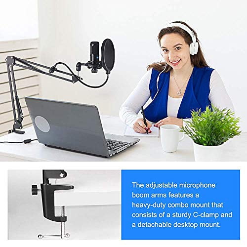 USB Condenser Microphone Bundle Kit,192KHZ/24BIT Professional Cardioid Computer Mic with Adjustable Scissor Arm Stand Shock Mount and Gain Knob for Recording,for Podcasting,Gaming,YouTube (Black)