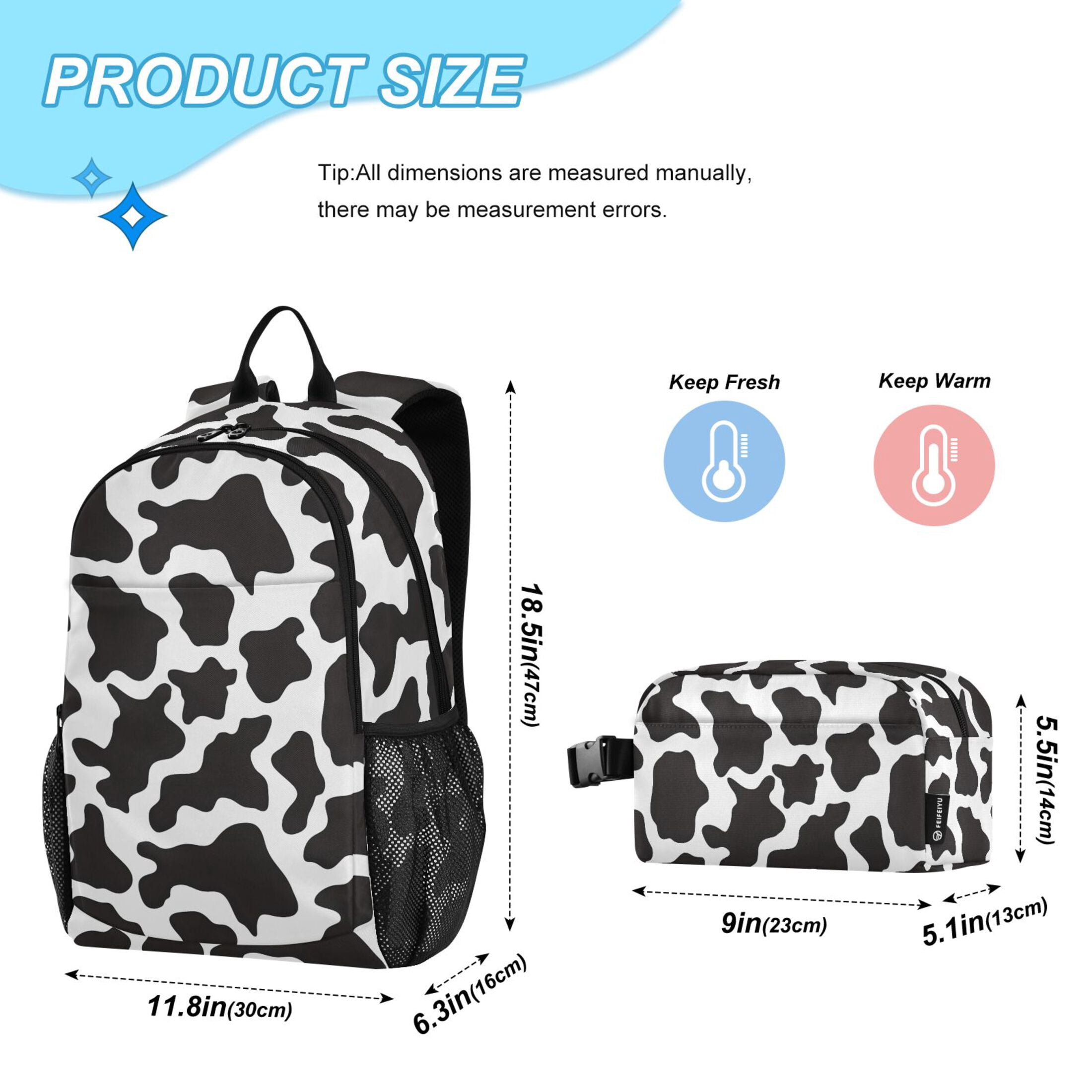 ALAZA Cow Print School Backpack Lunch Box Set Student Bookbag