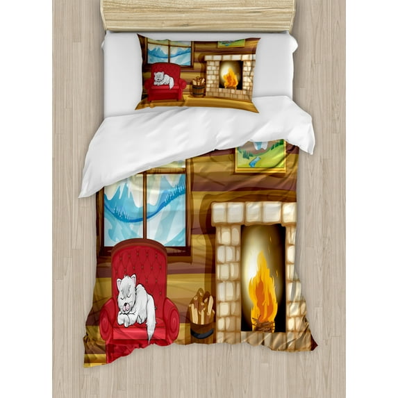 Fireplace Duvet Cover Set Twin Size, Carton Illustration of Rustic Wooden House with Sleepy Cat on Sofa Winter Outside, Decorative 2 Piece Bedding Set with 1 Pillow Sham, Multicolor, by Ambesonne