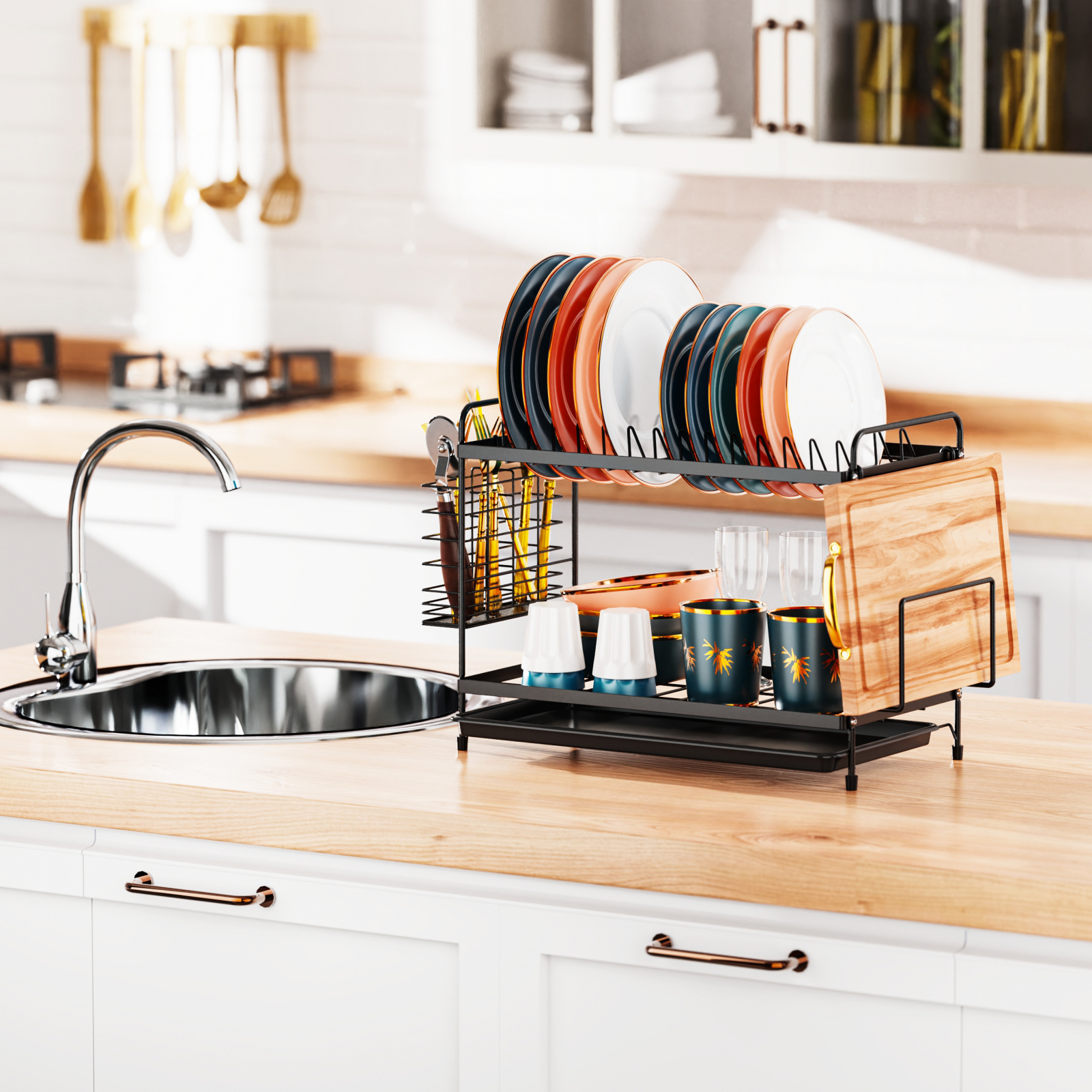 iSPECLE 2 Tier Dish Racks Dish Drainers with Water Tray Cutlery Holder for Small Kitchen Households Black, 18.90 x 8.27 x 11.81 Inches