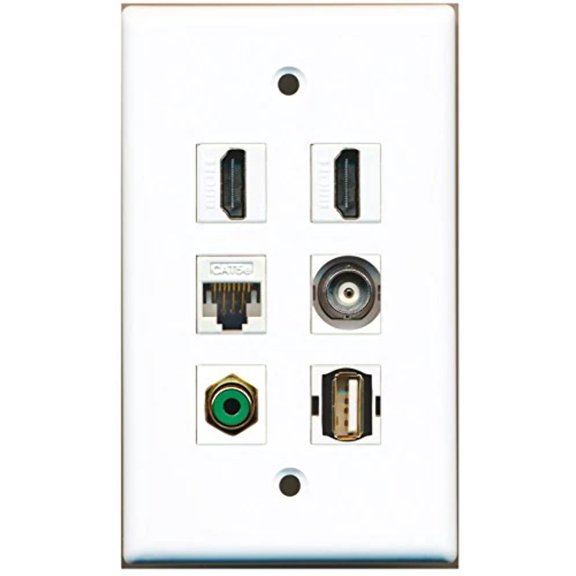 RiteAV - 2 HDMI 1 Port RCA Green 1 Port USB A-A 1 Port BNC 1 Port Cat5e Ethernet White Wall Plate