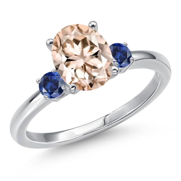 Gem Stone King 14K White Gold Peach Morganite and Blue Created Sapphire Engagement Ring for Women | 1.88 Cttw | Oval 9X7MM | Gemstone October Birthstone | Size 5