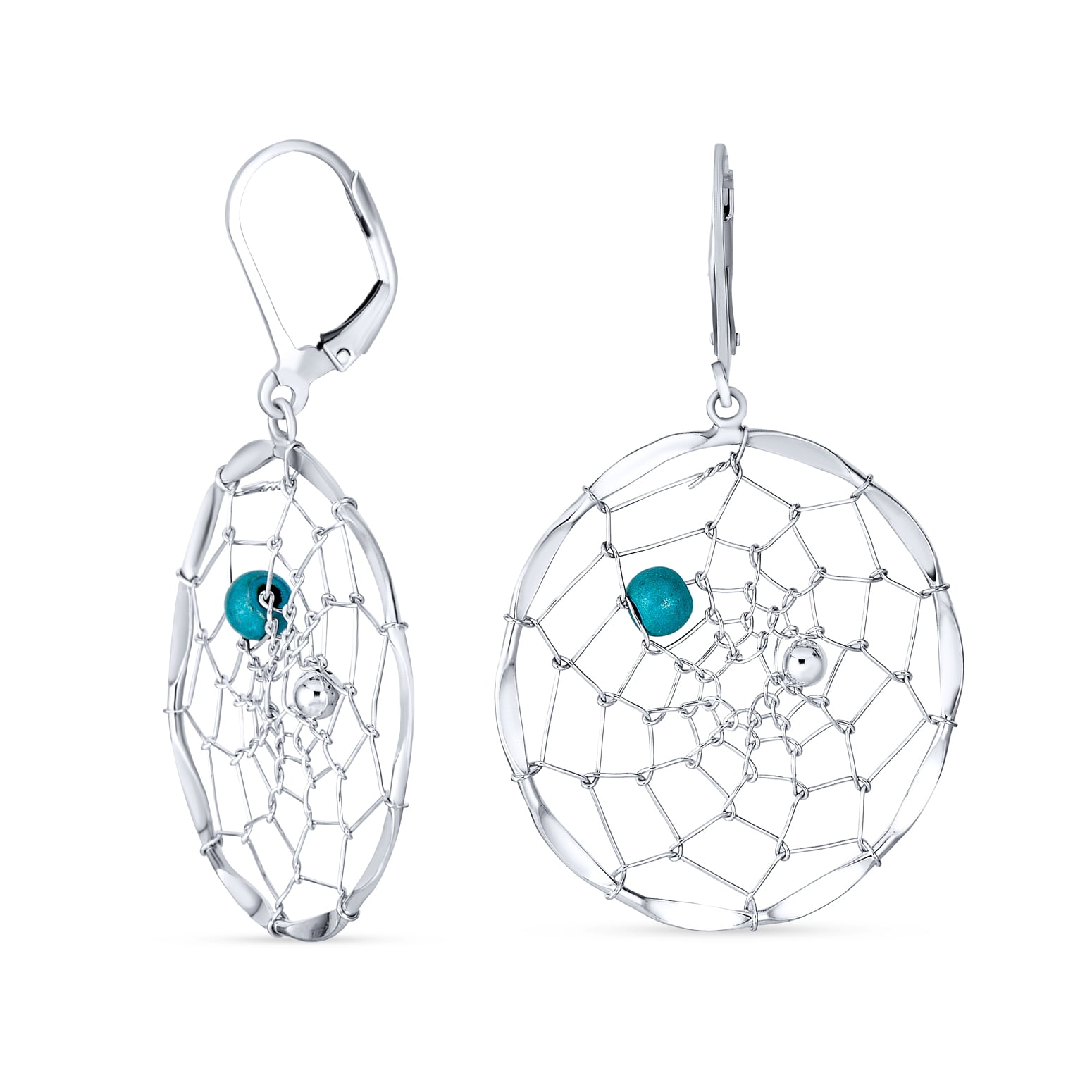 Earrings Ear Stud Dream Catcher with Turquoise Pearl and 2 Springs 925 Silver 