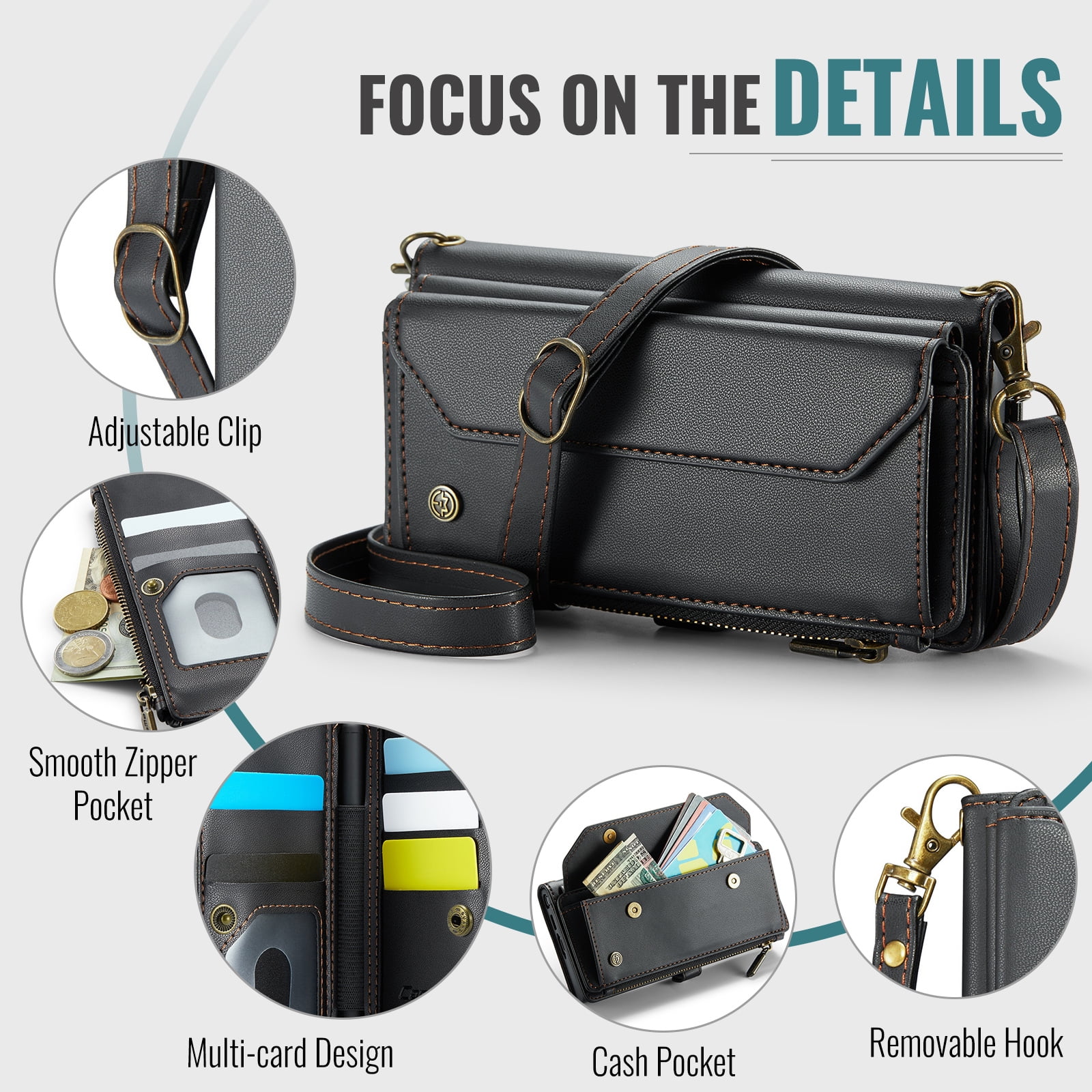 for Samsung Galaxy Z Fold 7 Full Body Protection Wallet Folio Flip Case, Shoulder Strap & Wristlet Card Slots Zipper Pocket RFID Blocking Rugged Durable PU Leather Phone Case Cover, Black