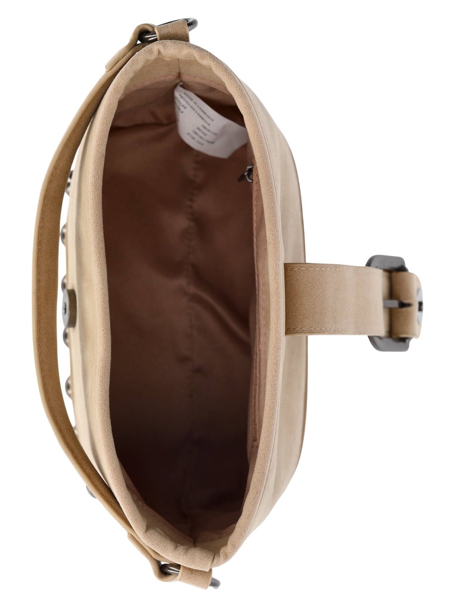 No Boundaries Women's Studded Faux Suede Moto Bucket Bag, Beige
