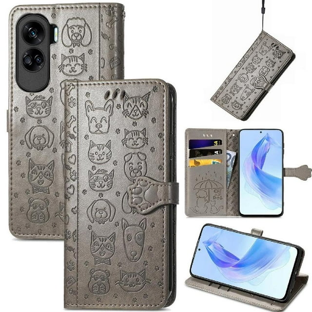Funda Cartera FOXDOCK para Honor 90 Lite , Flip PU con Relieve de Gatos y Perros, Tarjetero y Soporte